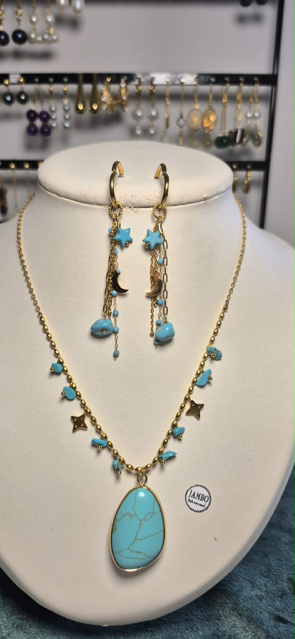 Natural Turquoise Pendant with Gold Plated Stainless Steel Chain Necklace