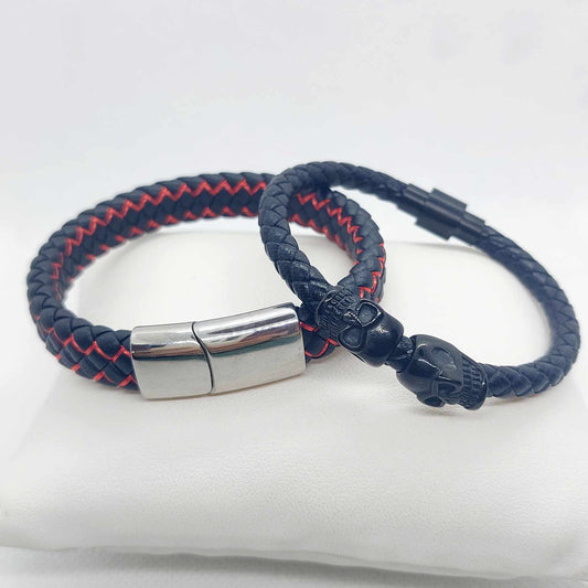 Black and Red Leather Braided, and Leather with Skulls Bracelet for Men