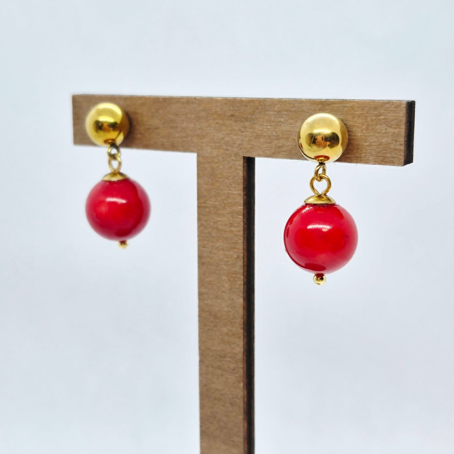 Natural Coral Dyed Red Set in 12mm Stones and Gold Plated Stainless Steel with Chain Necklace