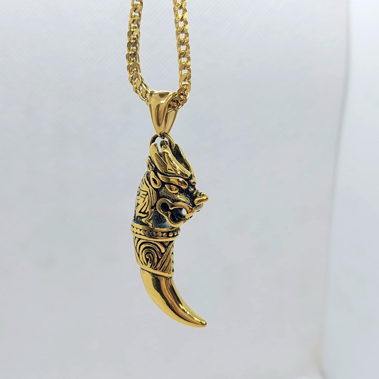 Dragon Tooth Pendant in Stainless Steel Gold Plated Chain Necklace