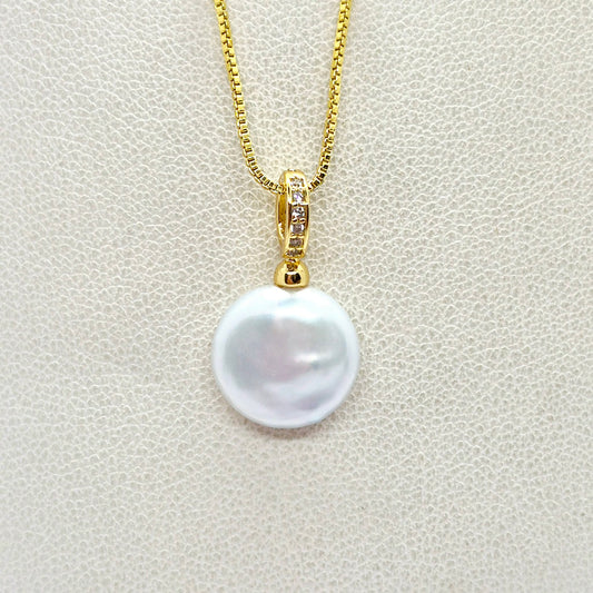 Natural Button Pearl Pendant Necklace in Gold Platted Sterling Silver
