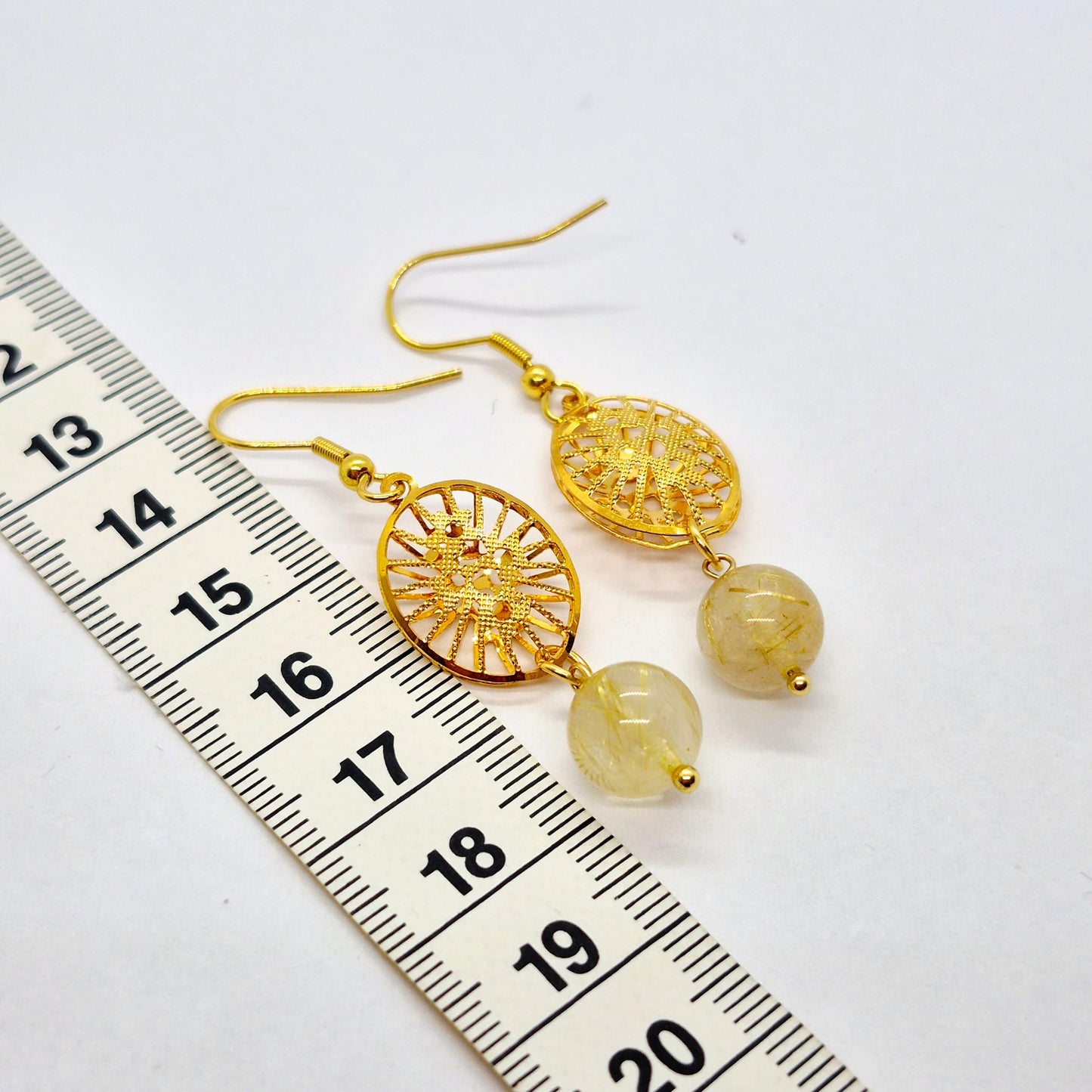 Natural Rutilated Golden Quartz Dangle Earrings in Gold Plated Stainless Steel