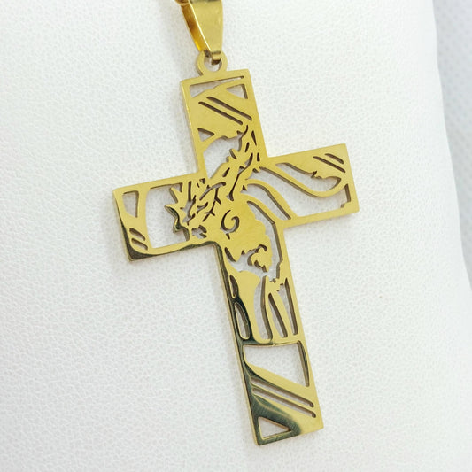 Cross with Jesus in Stainless Steel Gold Plated Chain Necklace