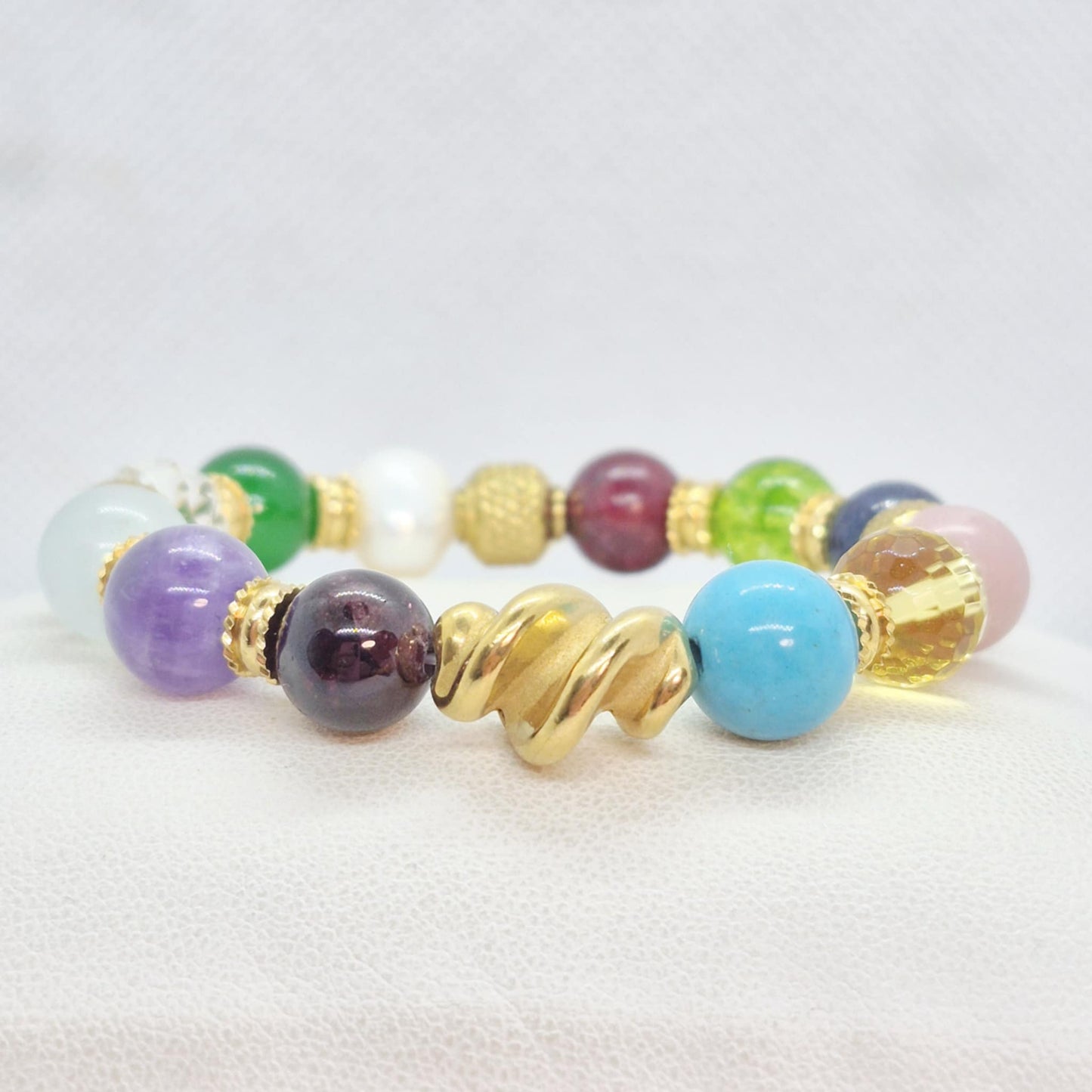12 Month Birthstones Bracelet in 10mm Natural Stones incl Garnet, Amethyst, Aquamarine, Crystal, Jade, Pearl, Ruby, Sapphire, Opal, Citrine & Turquoise
