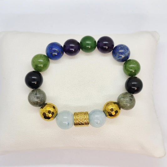Natural Stone Bracelet with Aquamarine, Hematite, Obsidian, Amethyst, Tourmaline, Lapis and Jade in 12mm Stones
