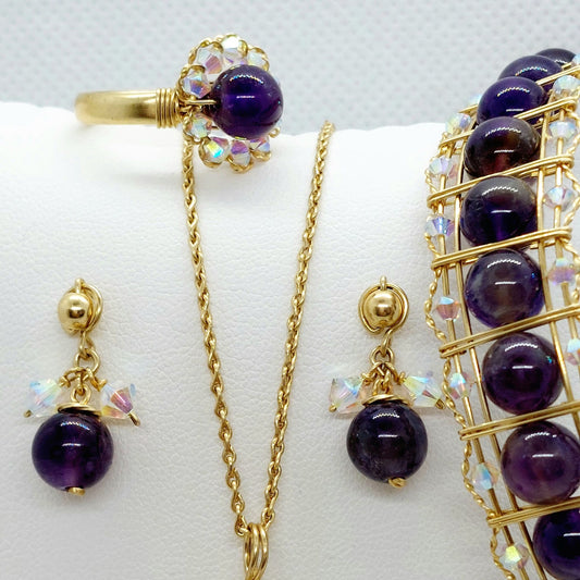 Natural Amethyst with Swarovski Crystals Jewelry Set in 10K Gold