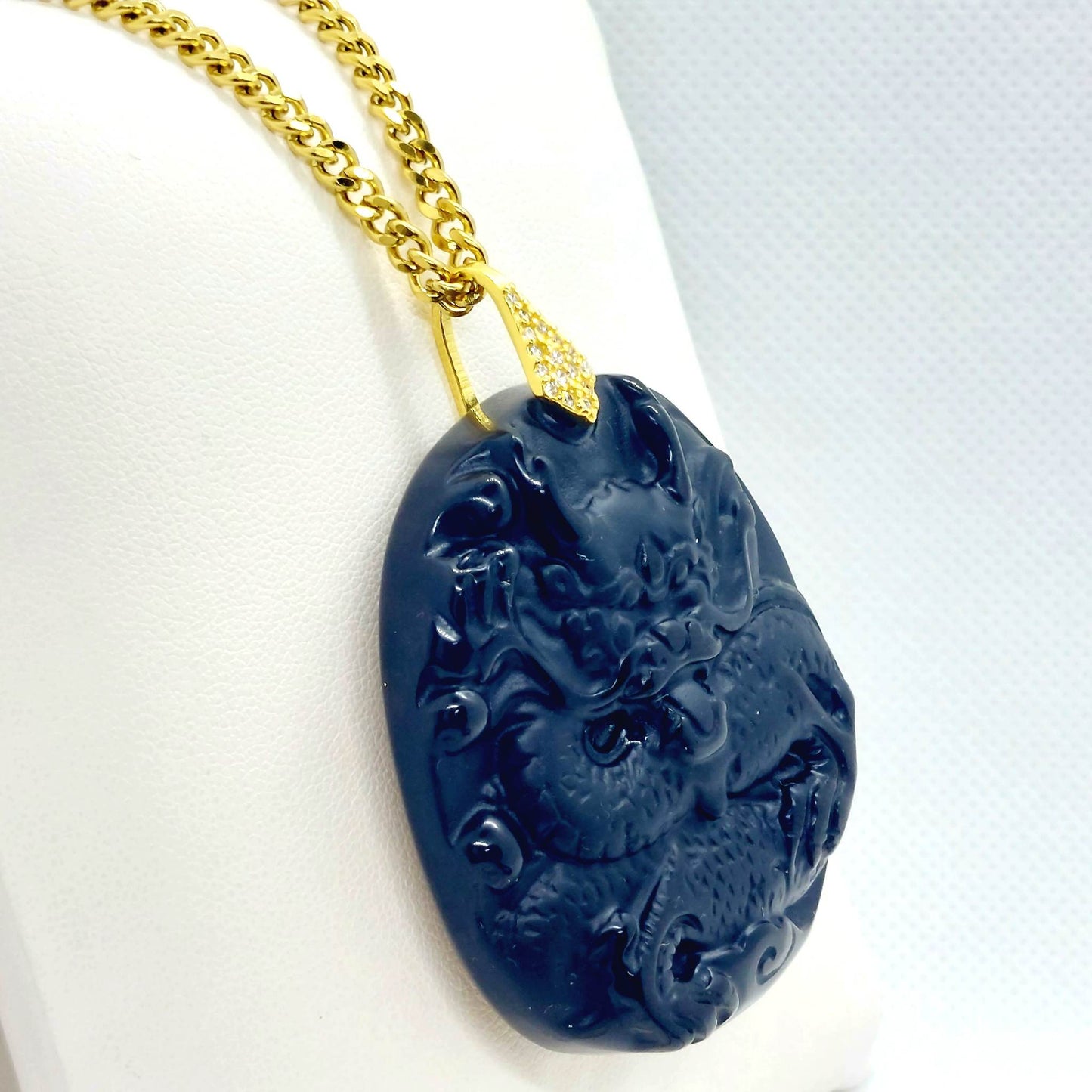 Natural Obsidian Dragon Pendant with Stainless Steel Gold Plated Chain Necklace