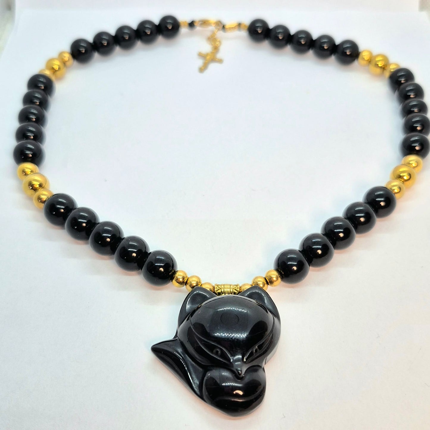 Natural Obsidian Necklace Choker in 12mm Stones with Obsidian Nine Tailed Fox Pendant