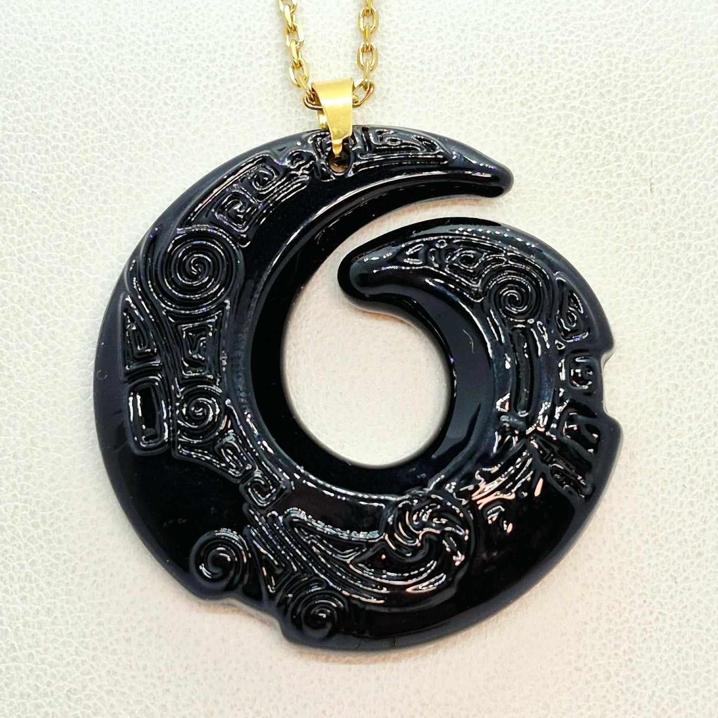 Natural Obsidian Pendant in Gold Plated Stainless Steel with Chain Necklace