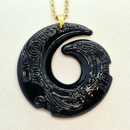 Natural Obsidian Pendant in Gold Plated Stainless Steel with Chain Necklace