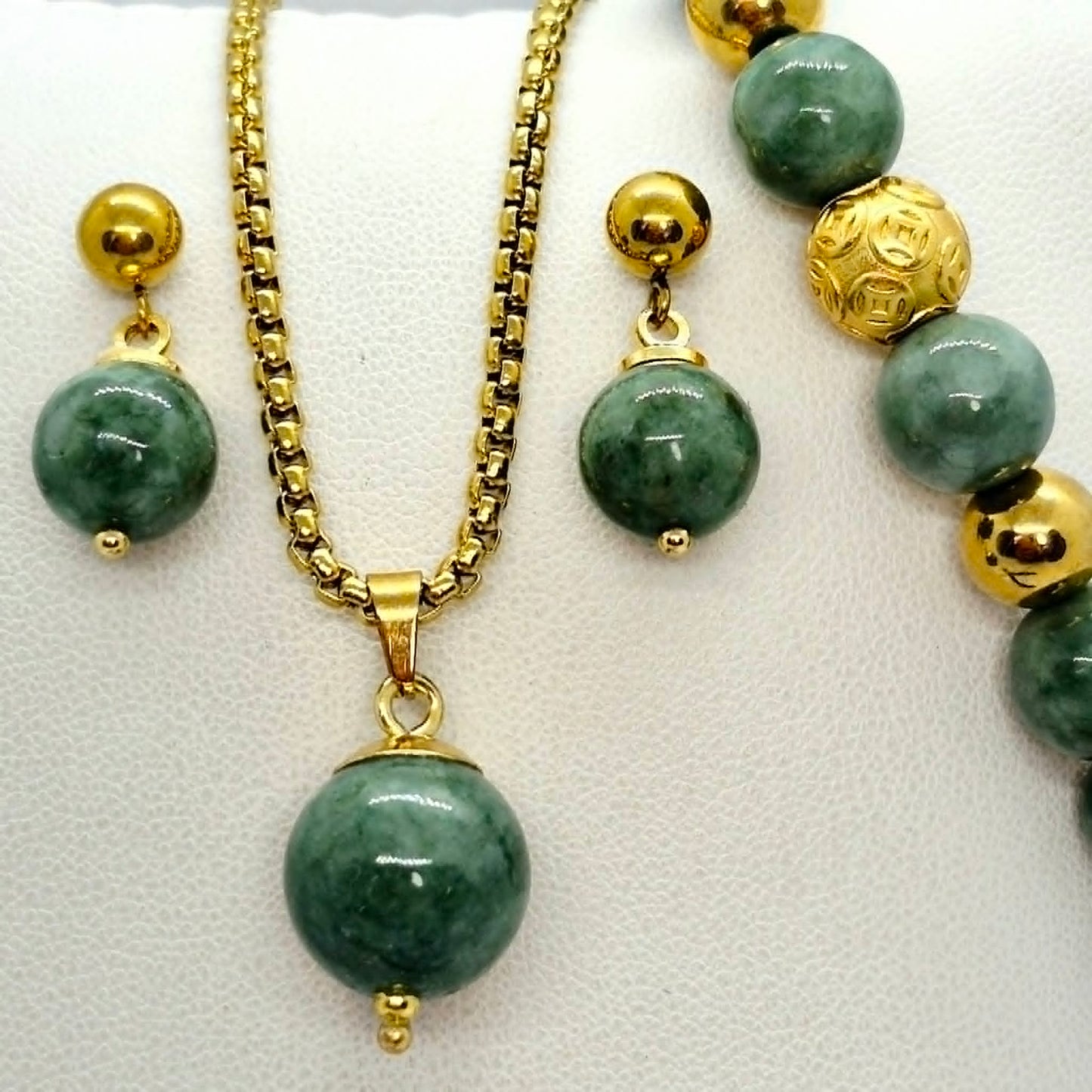 Natural Burmese Jade Set in Gold Plated Stainless Steel