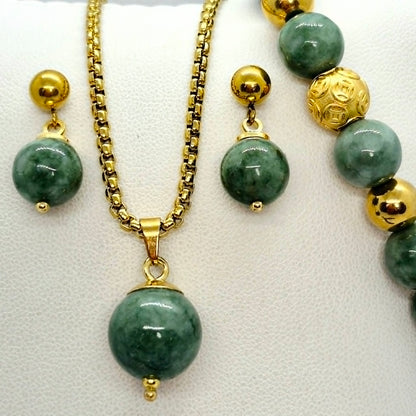 Natural Burmese Jade Set in Gold Plated Stainless Steel