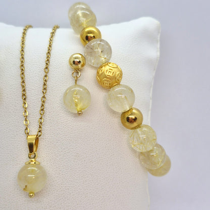Natural Rutilated Quartz Set in 10mm Stones with Stainless Steel Gold Plated