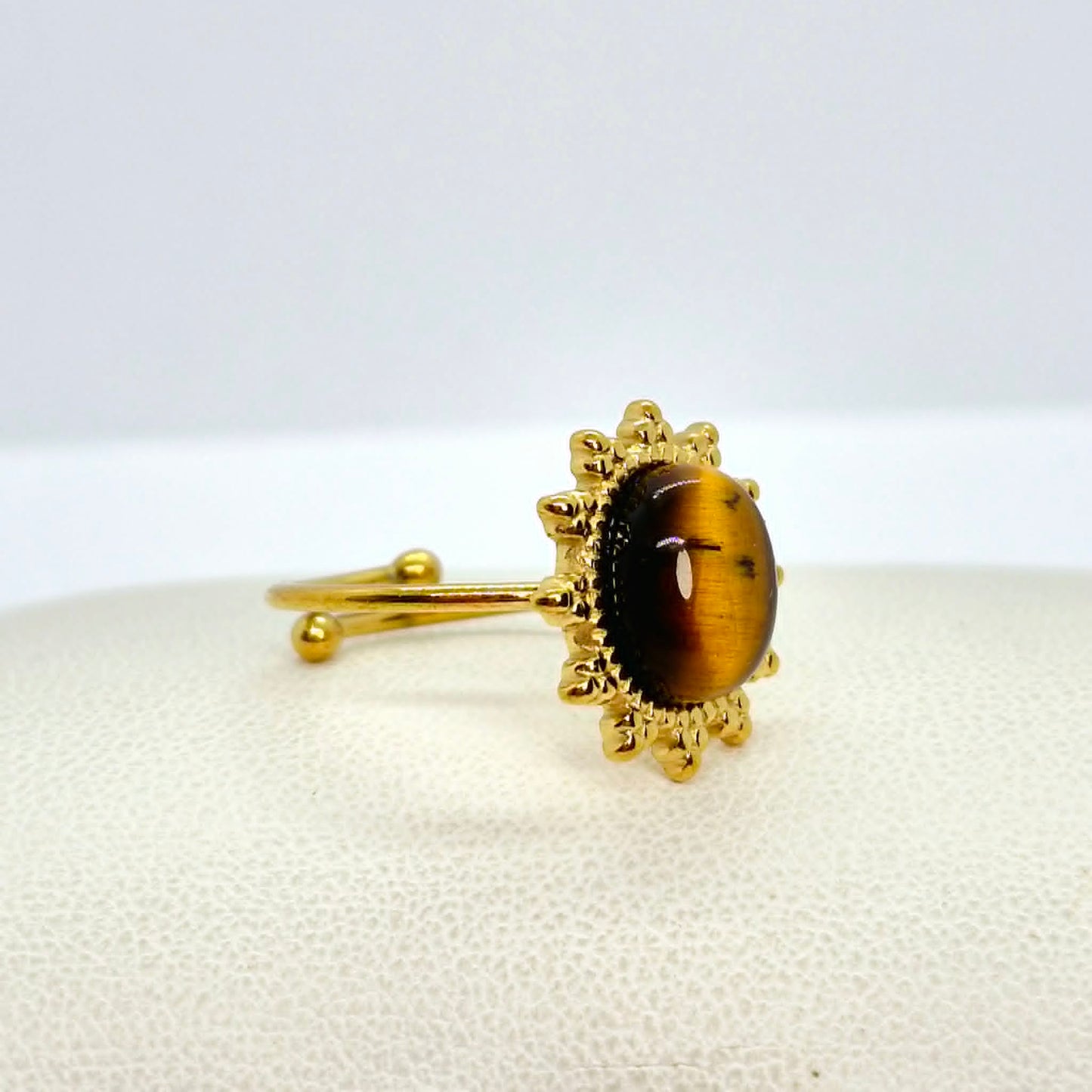 Natural Stone Ring in Gold Plated Stainless Steel Resizeable, Tiger Eye, Rose Quartz, Yellow Jade and  Aventurine