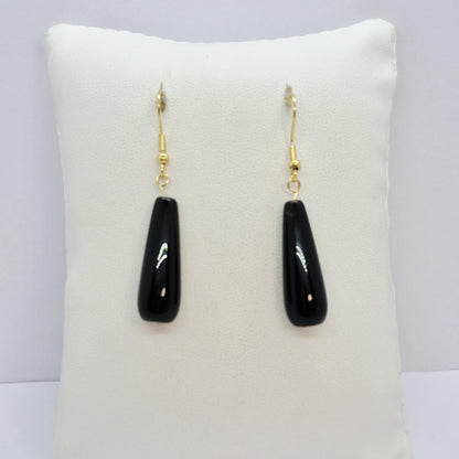 Natural Black Agate Dangle Earrings in Gold Plated Stainless Steel