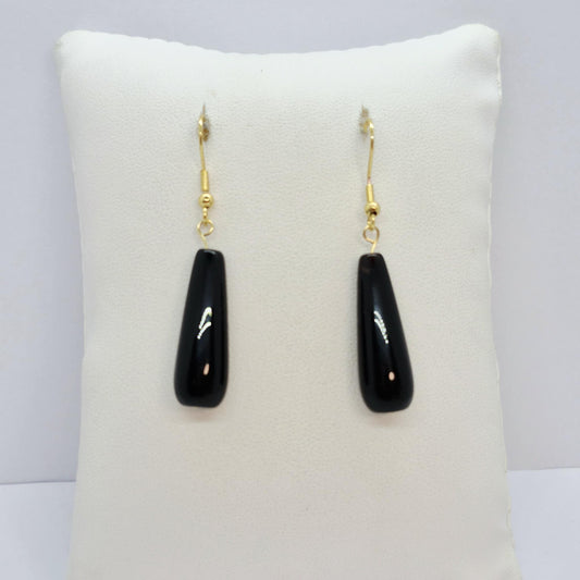 Natural Black Agate Dangle Earrings in Gold Plated Stainless Steel