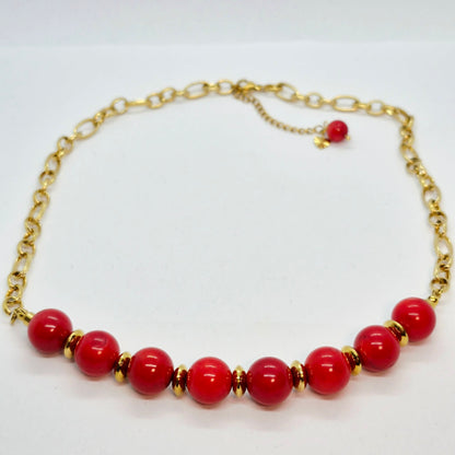 Natural Coral Dyed Red Set in 12mm Stones and Gold Plated Stainless Steel with Chain Necklace
