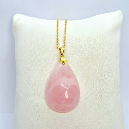 Natural Pink Rose Quartz RainDrop Pendant with Stainless Steel Chain Necklace