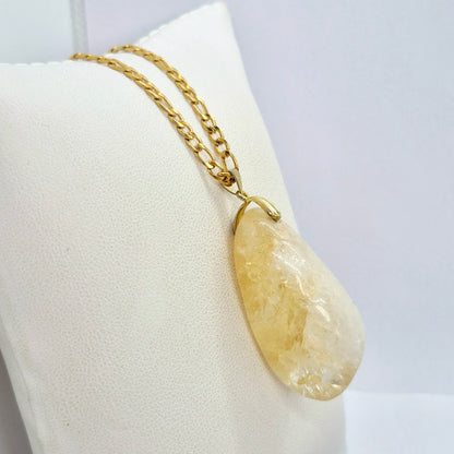 Natural Citrine Rutilated Quartz Pendant with Gold Plated Stainless Steel Chain Necklace