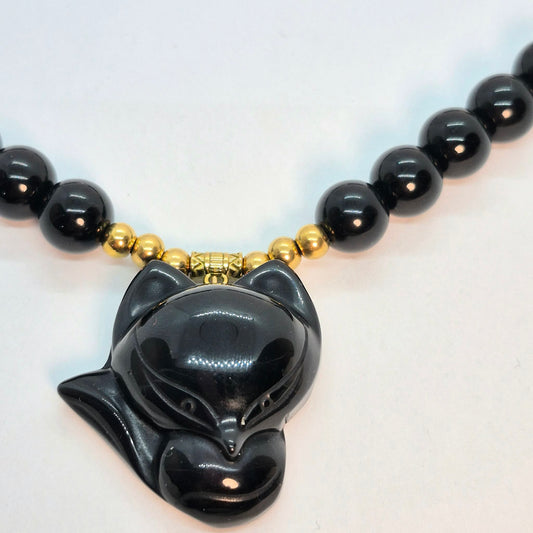 Natural Obsidian Necklace Choker in 12mm Stones with Obsidian Nine Tailed Fox Pendant