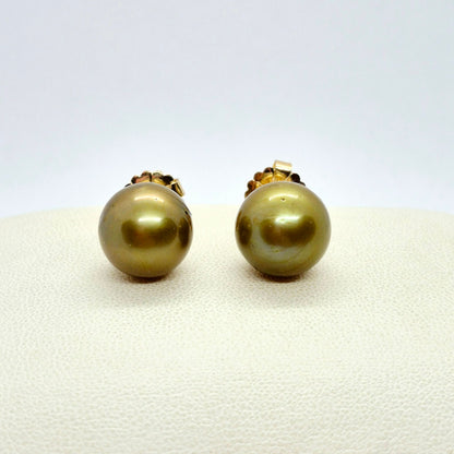 Natural Green South Sea Pearl Earrings and Pendant Set with 14-16mm Stones in Solid 14K Gold
