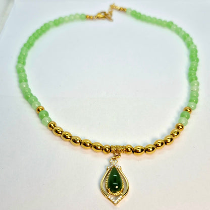 Natural Green Jasper Necklace Choker in 6mm Stones with Hetian Jade Pendant