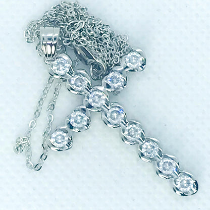 Sona Diamond Cross Pendant - Sterling Silver - Lab Created - Stainless Steel Chain Necklace