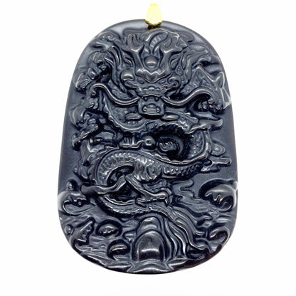 Natural Obsidian Dragon Pendant - Stainless Steel Chain Necklace