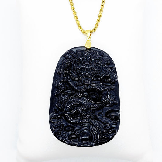 Natural Obsidian Dragon Pendant - Stainless Steel Chain Necklace