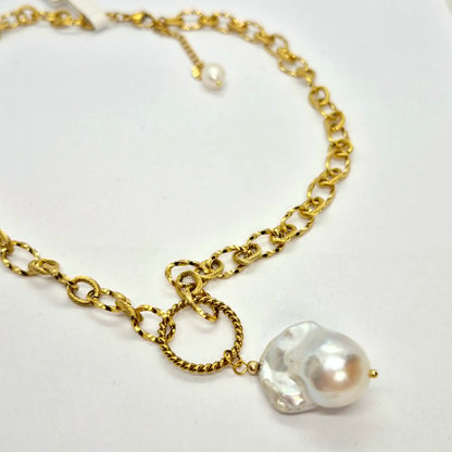 Natural Baroque Pearl Pendant with Gold Plated Stainless Steel Chain Necklace