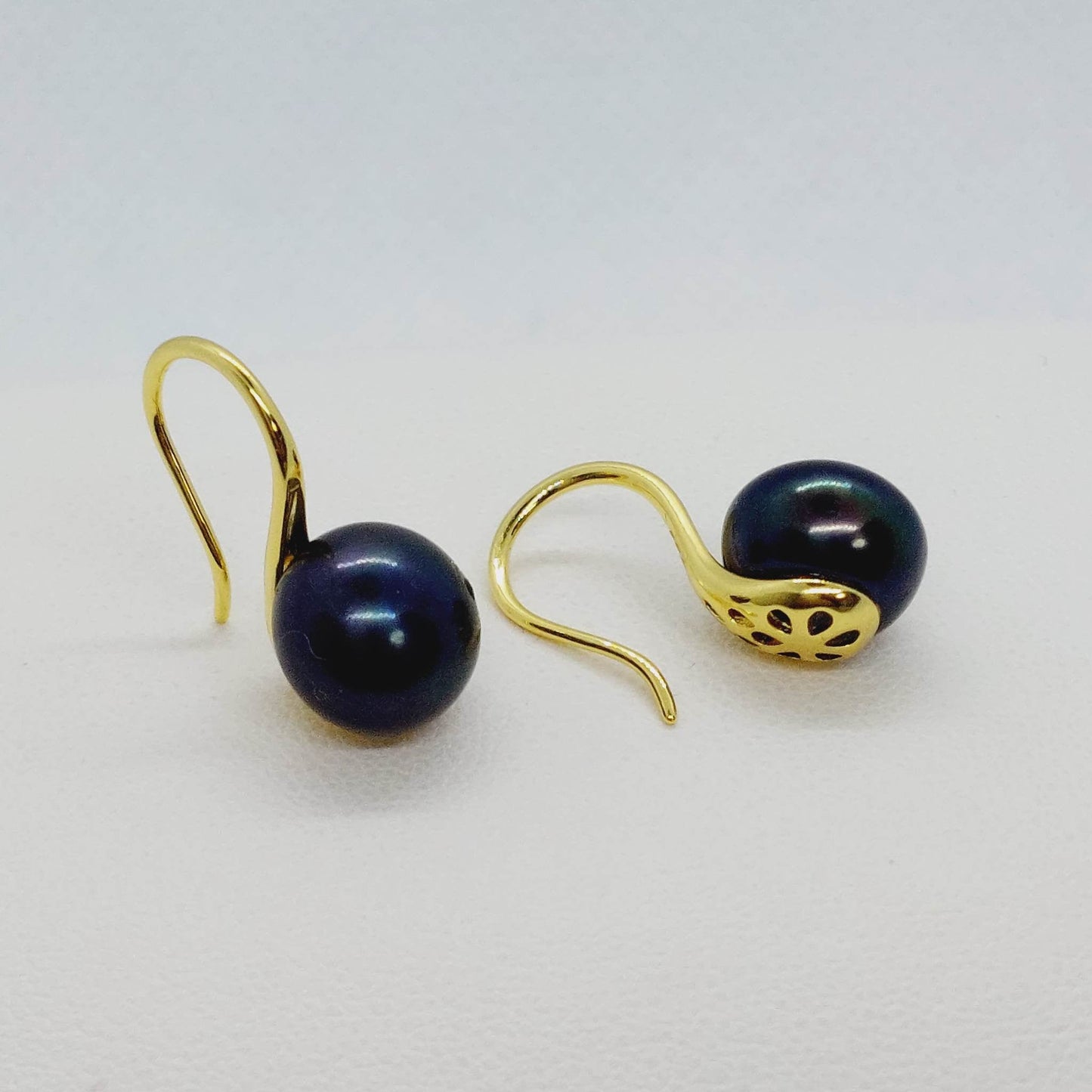 Natural Black Pearl Dangle Earrings - 10mm - Sterling Silver