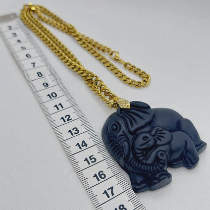 Natural Obsidian Mother Elephant with Baby Pendant - Stainless Steel Chain Necklace