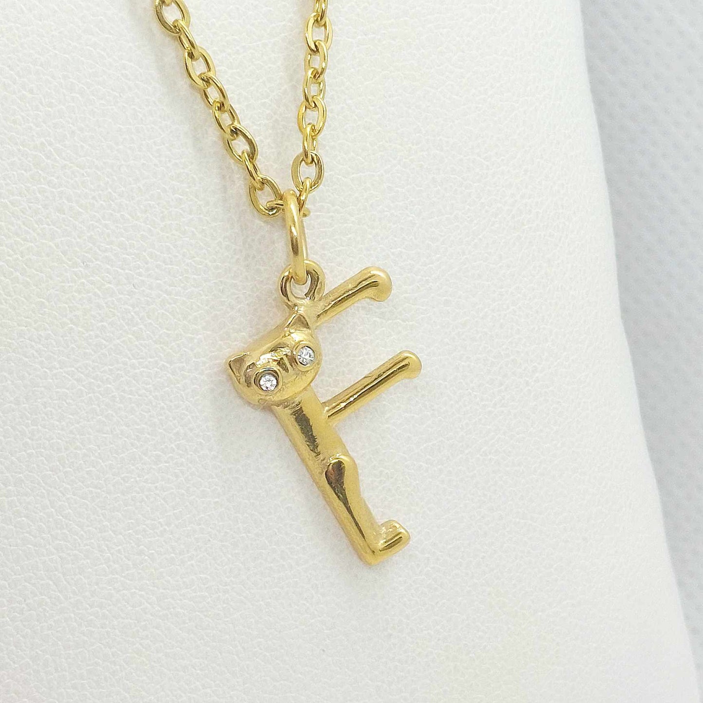 Initial T with Cute Cat Pendant with Stainless Steel Chain Necklace