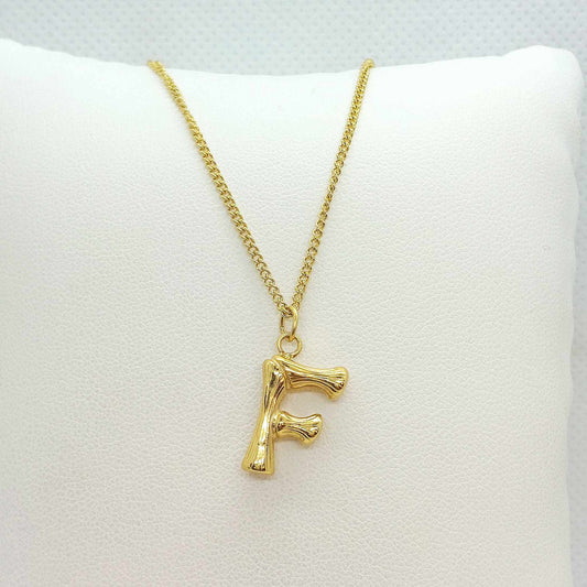 Initial F in Wood Design Pendant with Stainless Steel Chain Necklace