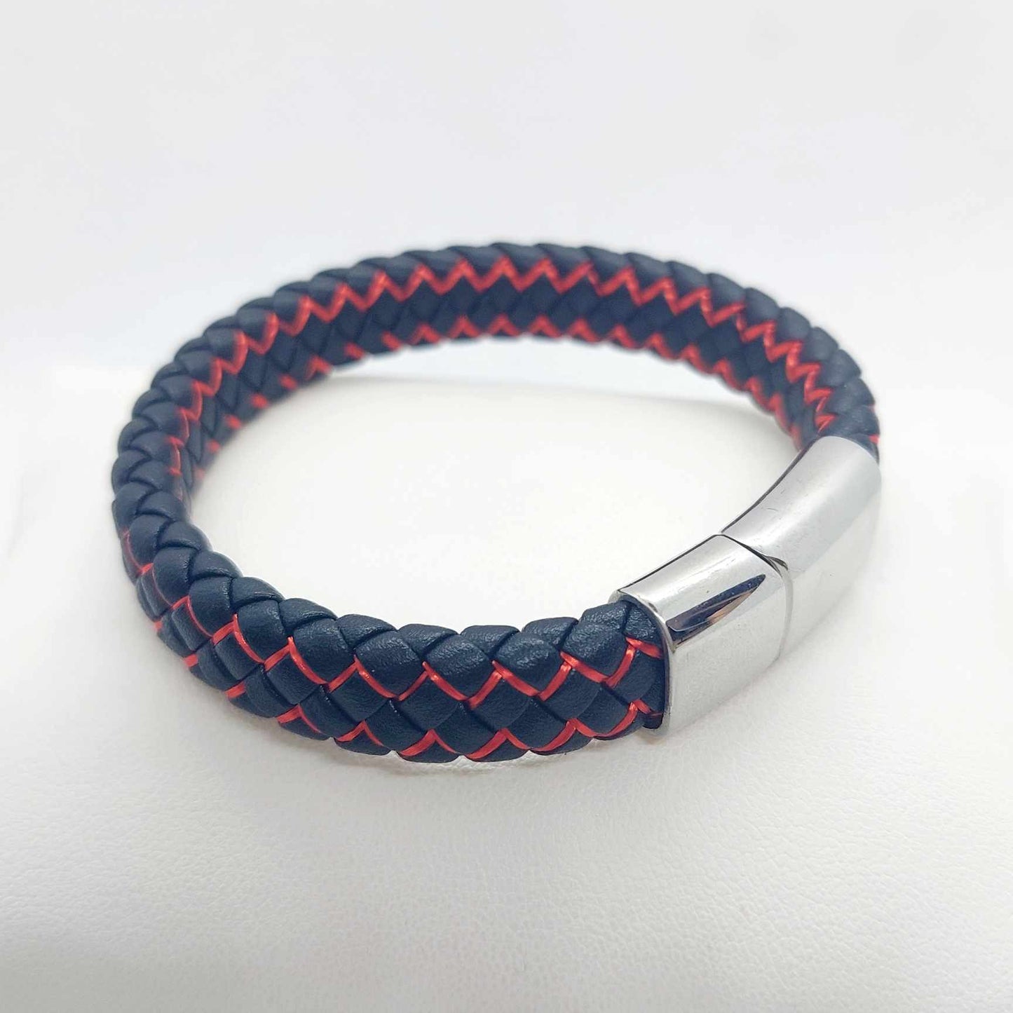 Black and Red Leather Braided, and Leather with Skulls Bracelet for Men
