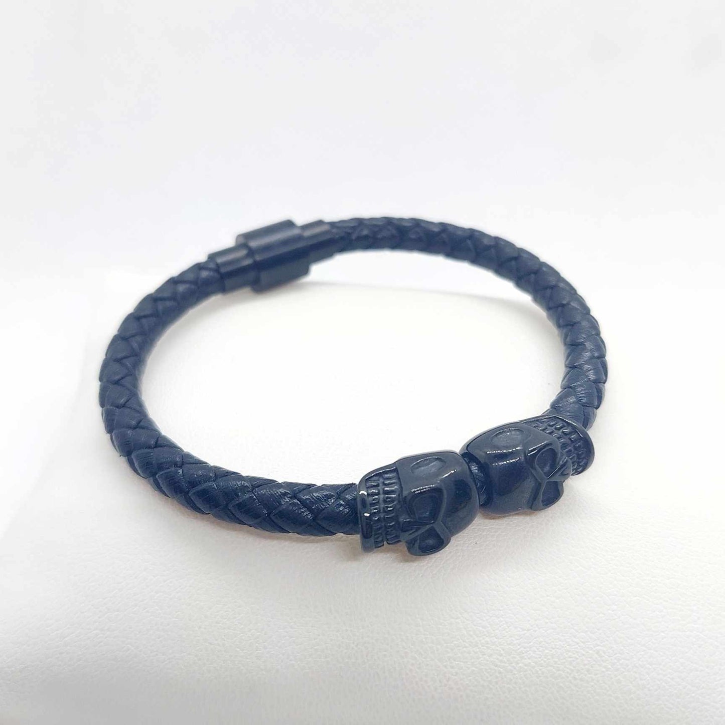 Black and Red Leather Braided, and Leather with Skulls Bracelet for Men
