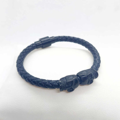 Black and Red Leather Braided, and Leather with Skulls Bracelet for Men
