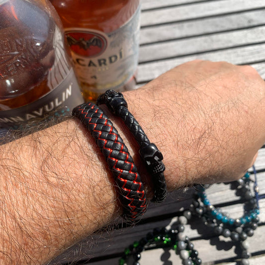 Black and Red Leather Braided, and Leather with Skulls Bracelet for Men