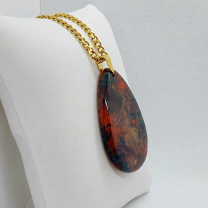 Natural Rainbow Jasper Raindrop Pendant with Stainless Steel Gold Plated Chain Necklace