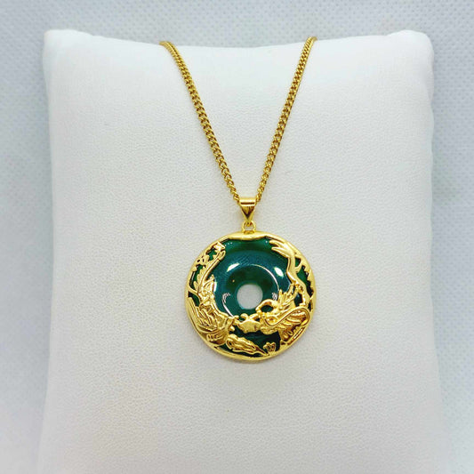 Natural Hetian Jade Dragon & Phoenix Pendant and chain necklace in Gold Plated Sterling Silver