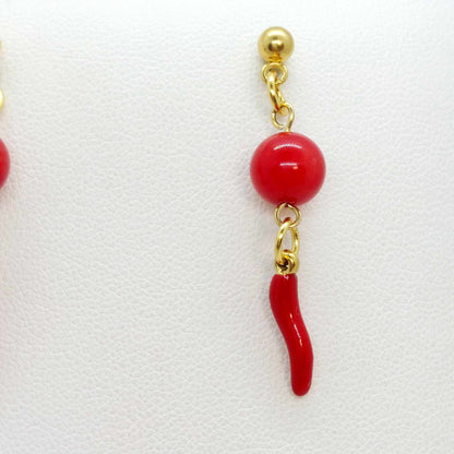 Natural Coral with Enamel Pepper Dangle Earrings in Gold Plated Stainless Steel