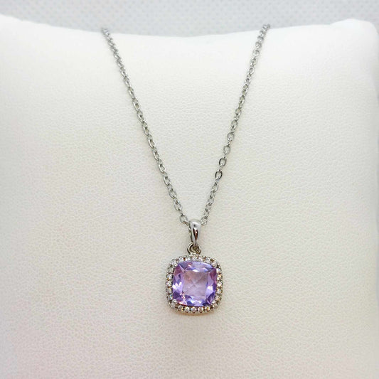 Natural Amethyst Pendant with Zircon with Stainless Steel Chain