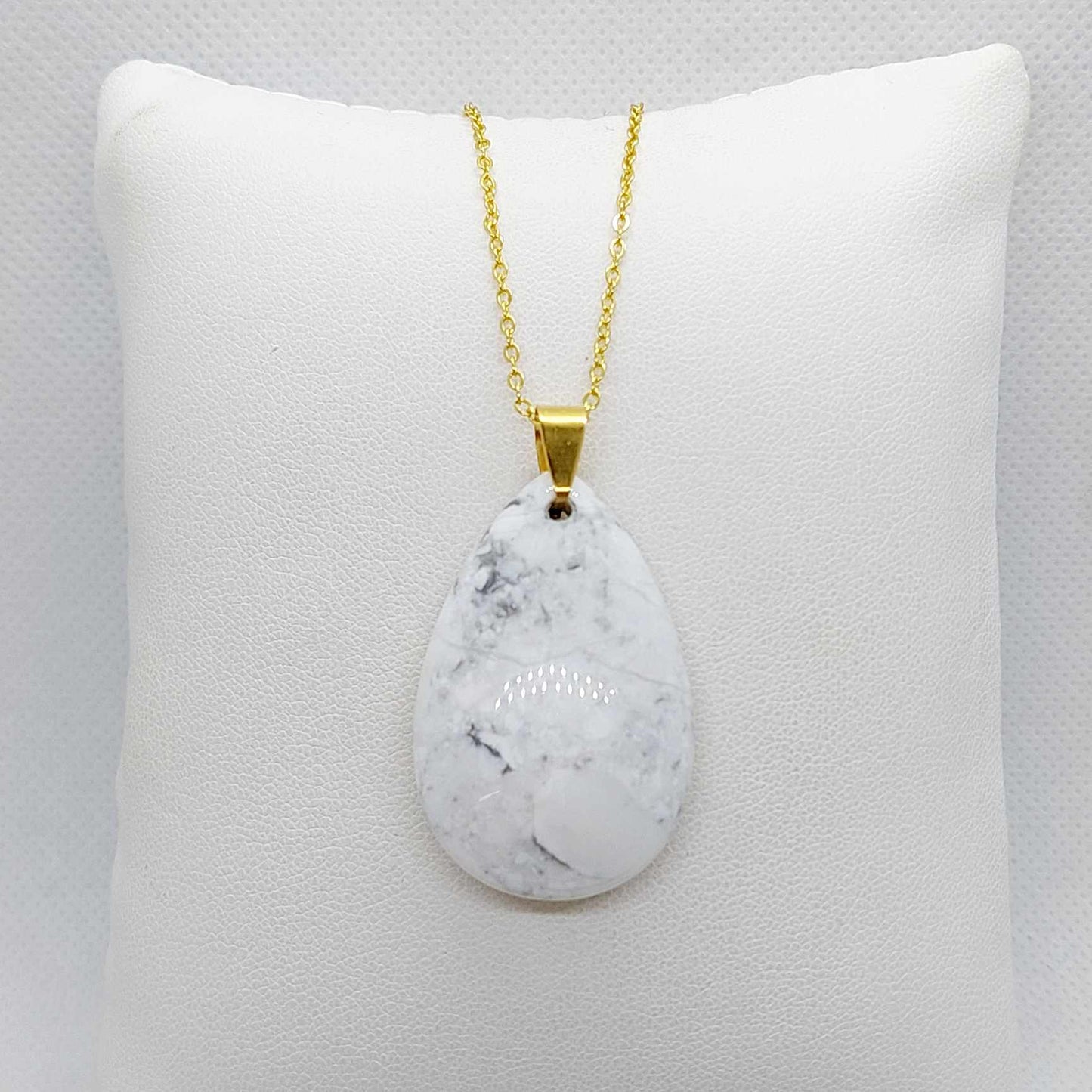 Natural White Howlite Raindrop Pendant with Necklace Stainless Steel Gold Plated