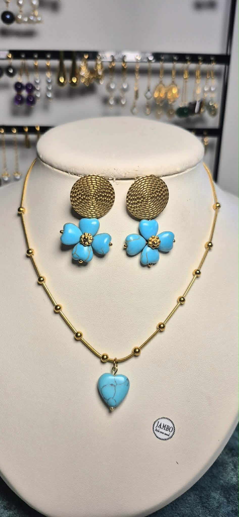Natural Turquoise Heart Pendant with Gold Plated Stainless Steel Chain Necklace