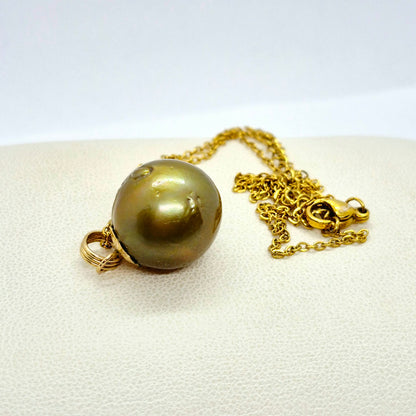 Natural Green South Sea Pearl Earrings and Pendant Set with 14-16mm Stones in Solid 14K Gold