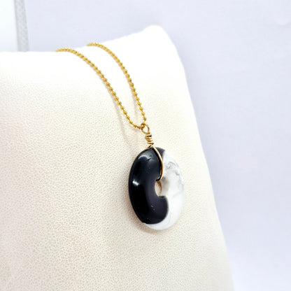 Natural Obsidian and Howlite Donut Pendant in Gold Plated Stainless Steel with Chain Necklace