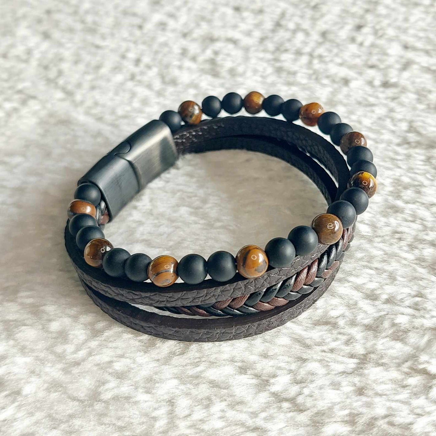 Multi Strap with Natural Stones Leather Bracelets for Men