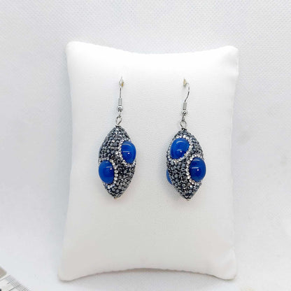Natural Blue Agate with Black Rhinestone and Zircon Pavé Earrings in Stainless Steel