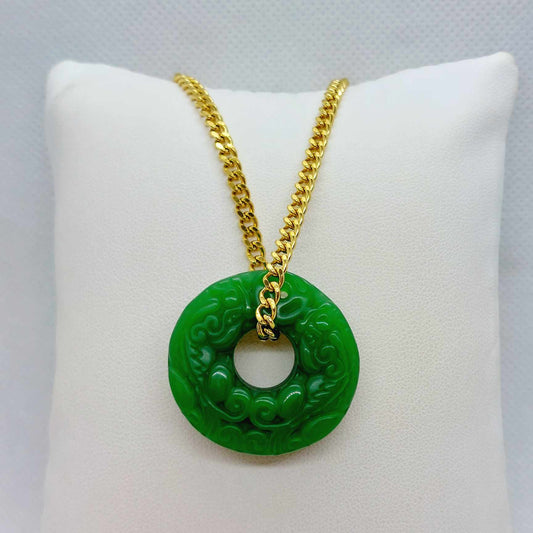 Natural Hetian Jade Pendant with Gold Plated Stainless Steel Chain Necklace