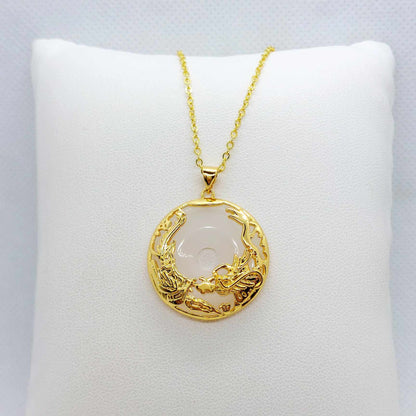 Natural White Hetian Jade with Dragon & Phoenix Pendant Necklace in Gold Plated Sterling Silver